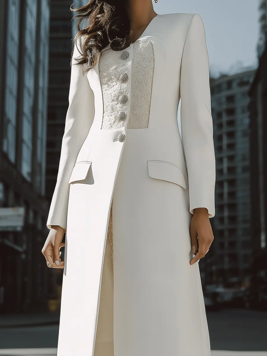 Ivory Longline Coat with Textured Contrast Panel & Silver Buttons - Coat CASA LARO