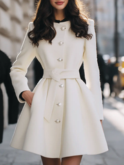 Ivory Pearl-Button Short Coat With Waist Tie - Coat CASA LARO