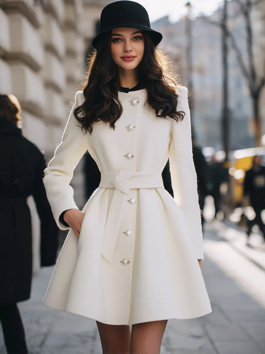 Ivory Pearl-Button Short Coat With Waist Tie - Coat CASA LARO