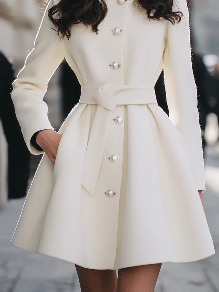 Ivory Pearl-Button Short Coat With Waist Tie - Coat CASA LARO