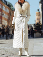 Ivory Quilted Coat With Faux Fur Collar And Belted Waist - Coat CASA LARO