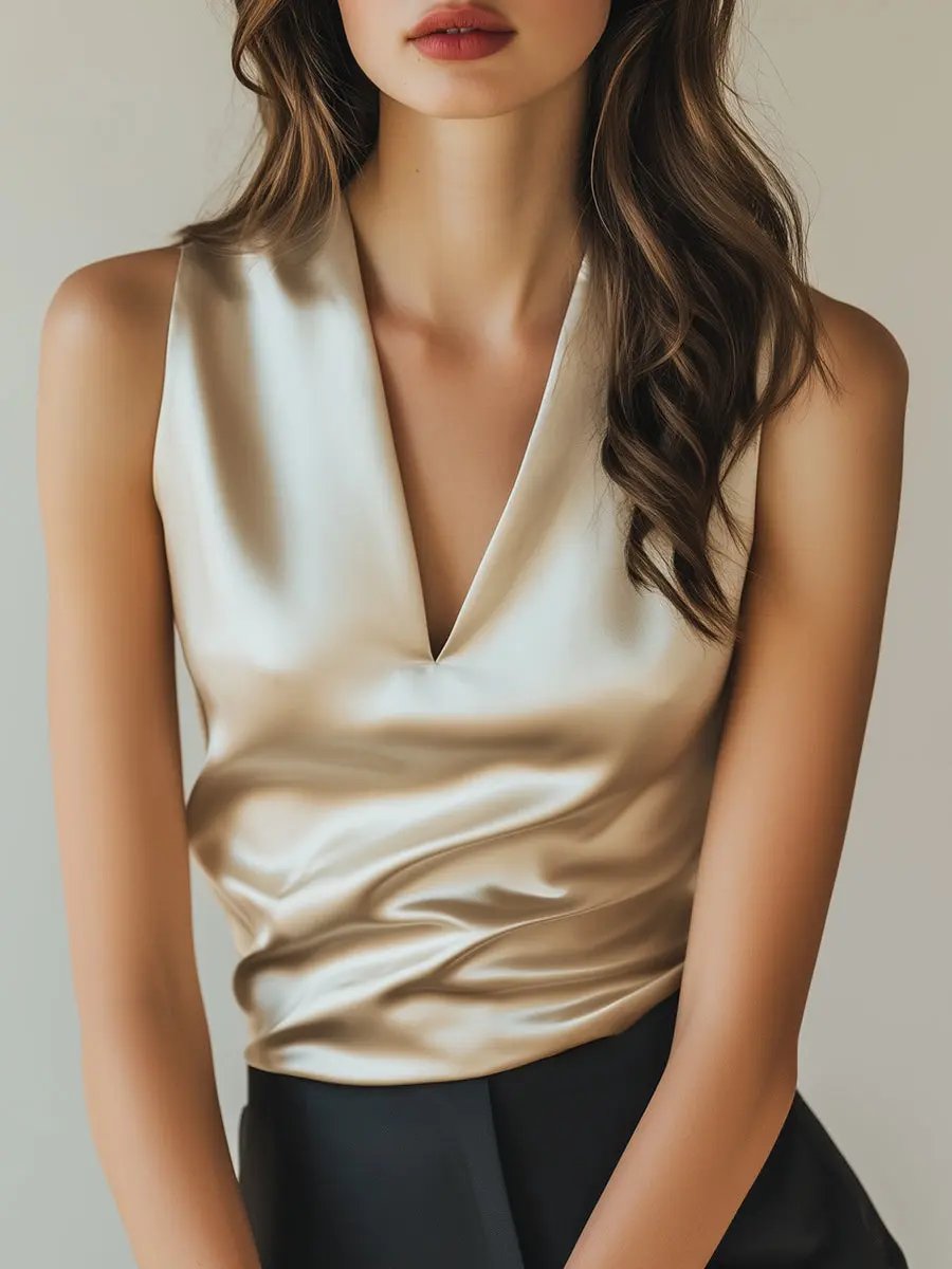 Ivory Satin Draped Details - Satin Top CASA LARO