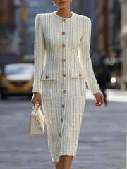 Ivory Textured Knit With Gold Buttons - Midi Dress CASA LARO