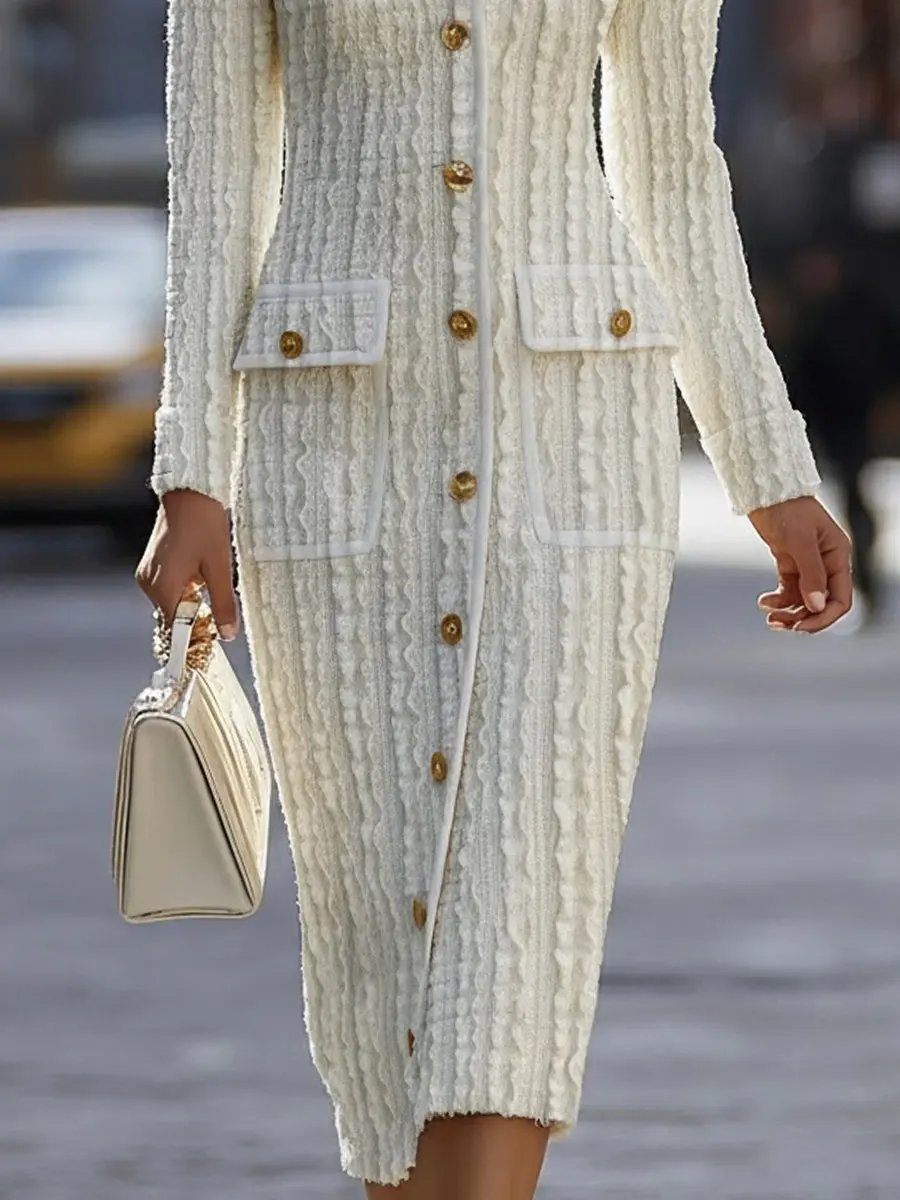 Ivory Textured Knit With Gold Buttons - Midi Dress CASA LARO