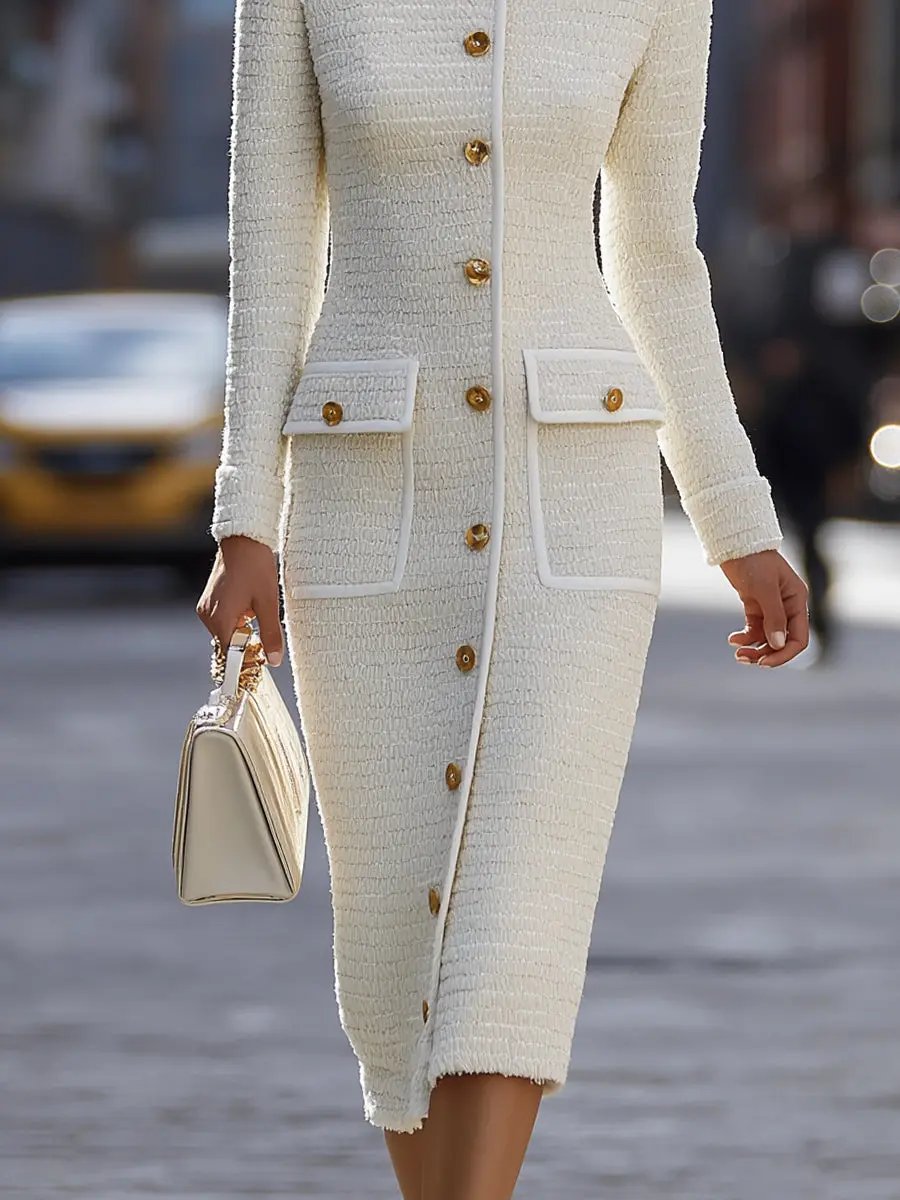 Ivory Tweed Button-Down With Patch Pockets - Midi Dress CASA LARO