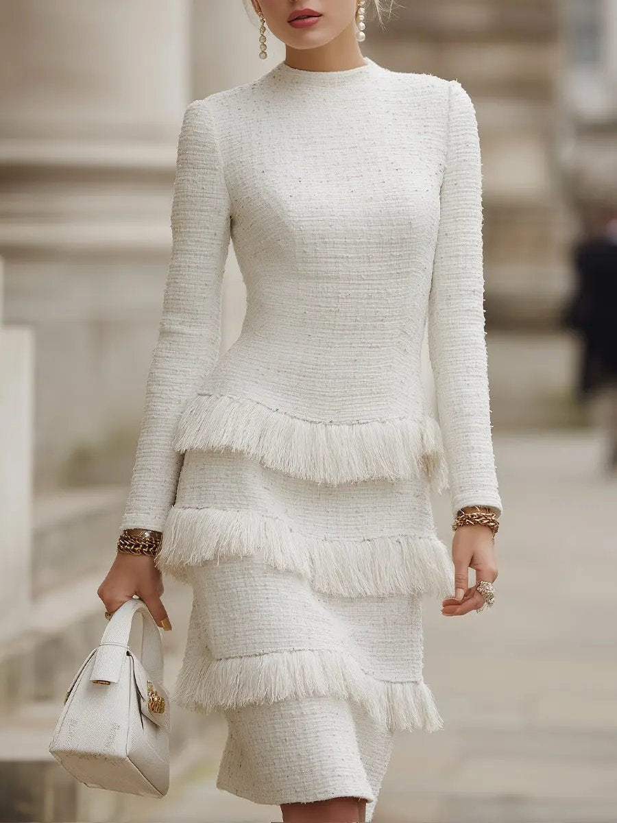 Ivory Tweed Fringe-Tiered Textured - Midi Dress CASA LARO