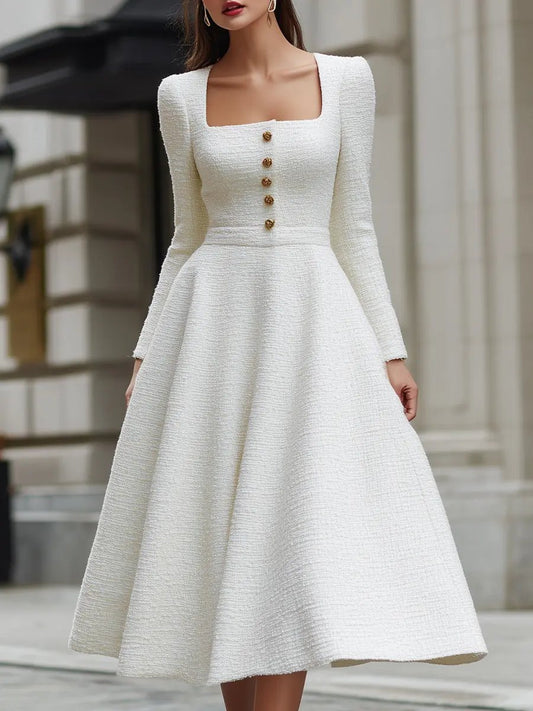 Ivory Tweed Square Neck Tailored Sleeveless - Midi Dress CASA LARO