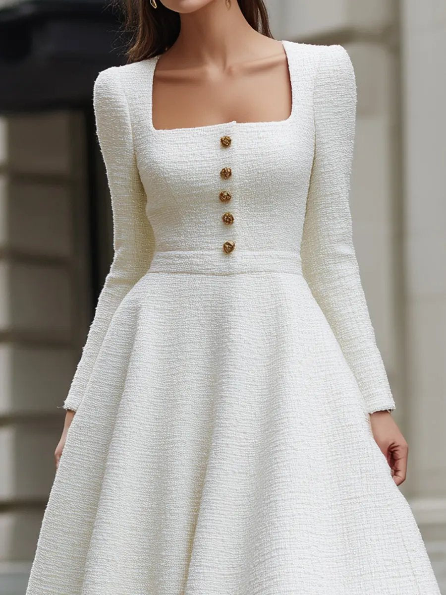 Ivory Tweed Square Neck Tailored Sleeveless - Midi Dress CASA LARO