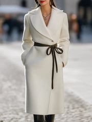 Ivory Wool-Blend Contrast Tie-Belt Longline - Coat CASA LARO