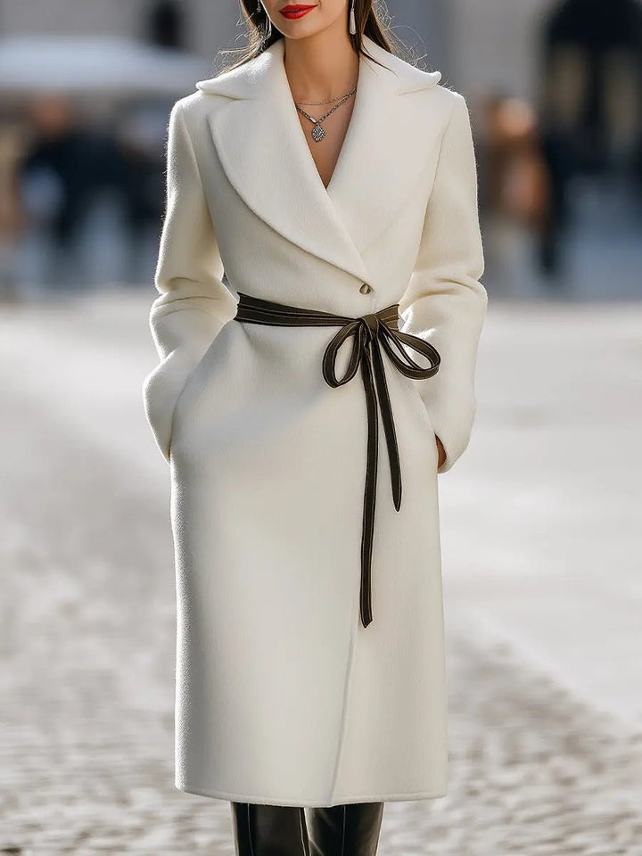 Ivory Wool-Blend Contrast Tie-Belt Longline - Coat CASA LARO