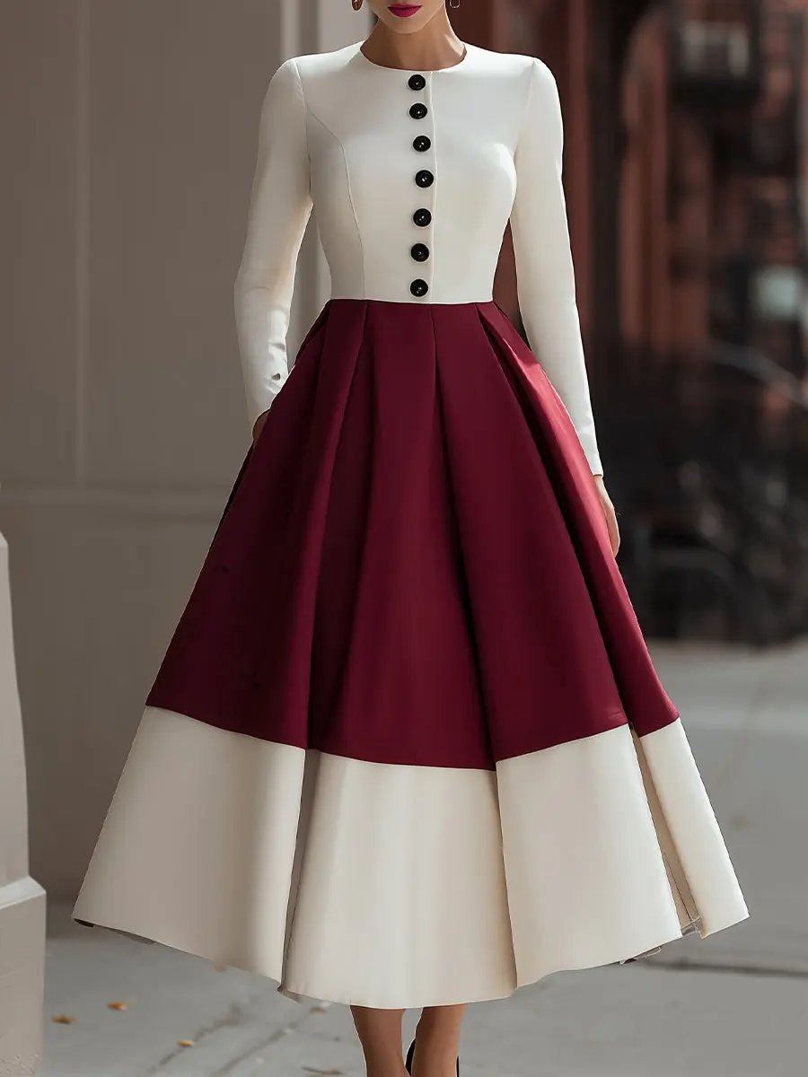 Ivory & Burgundy Colorblock Button-Front - Midi Dress CASA LARO