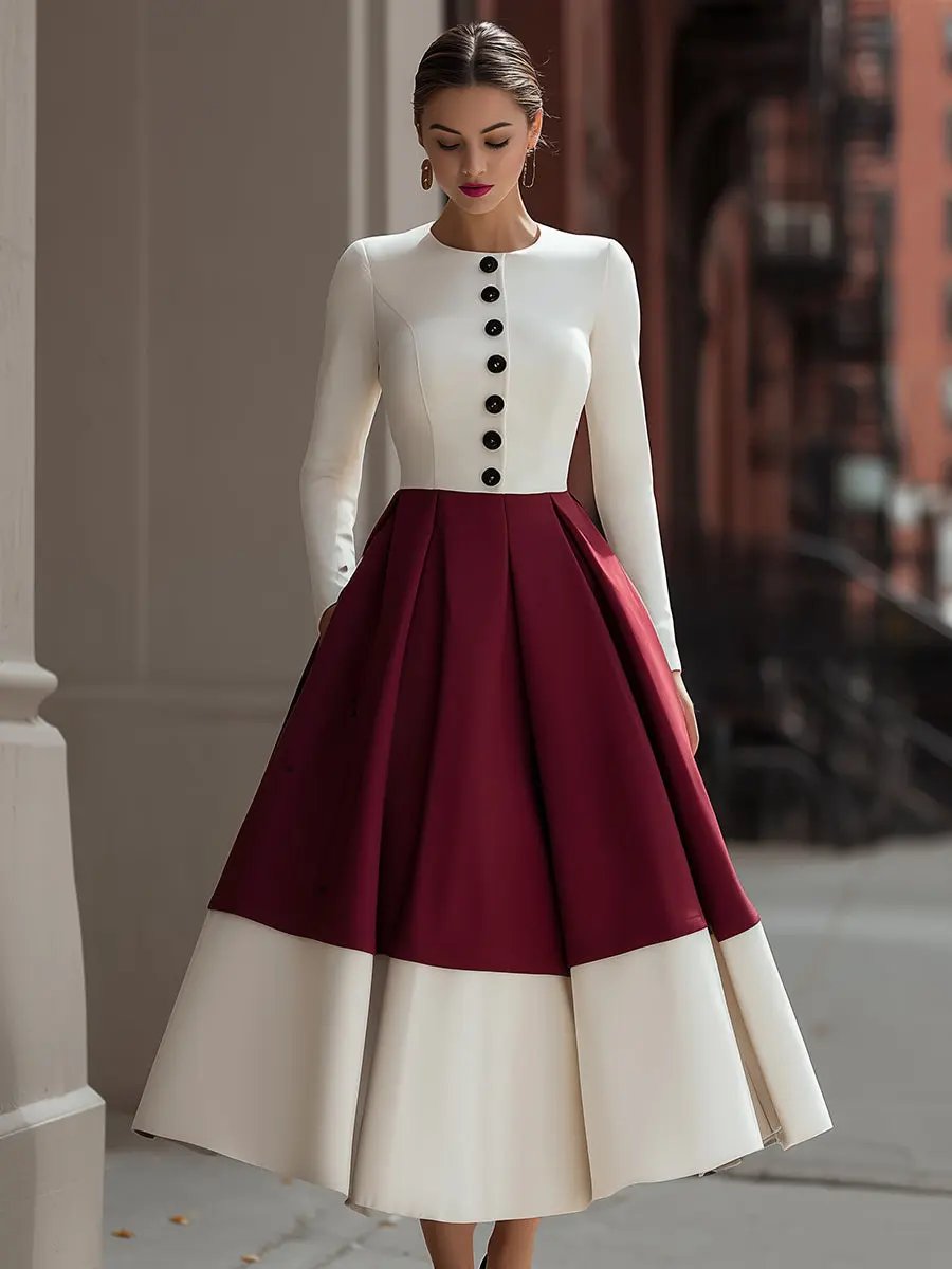Ivory & Burgundy Colorblock Button-Front - Midi Dress CAAYWORLD