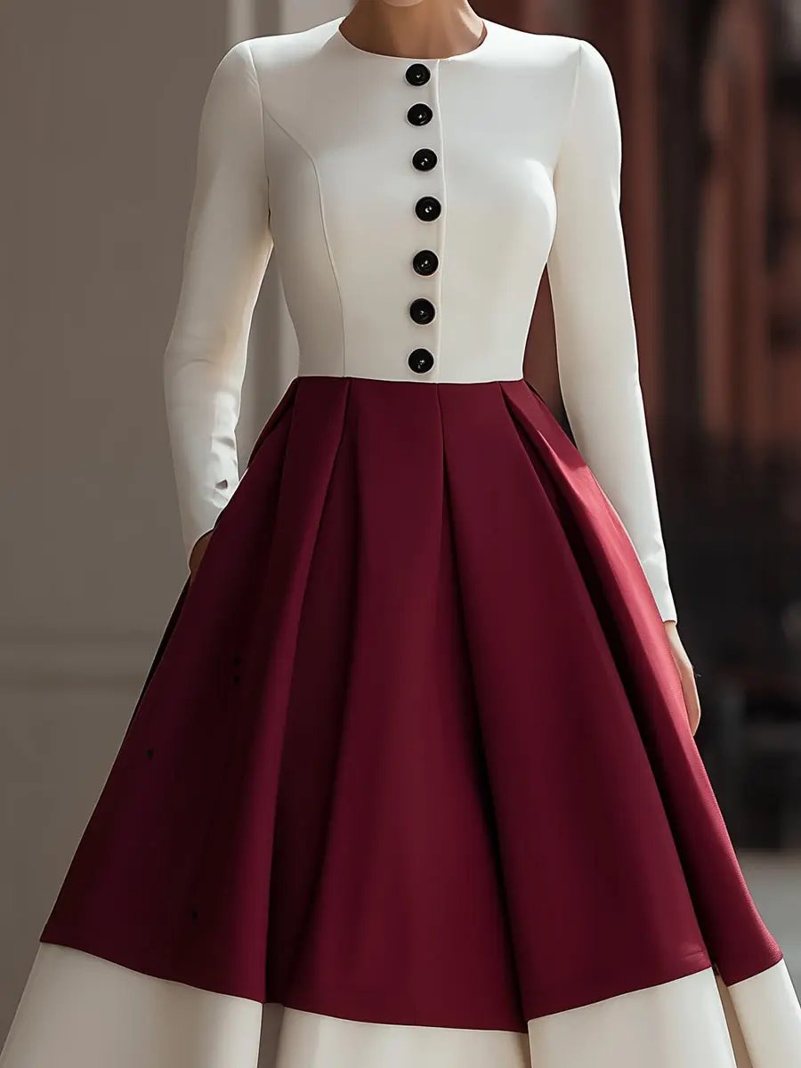 Ivory & Burgundy Colorblock Button-Front - Midi Dress CAAYWORLD