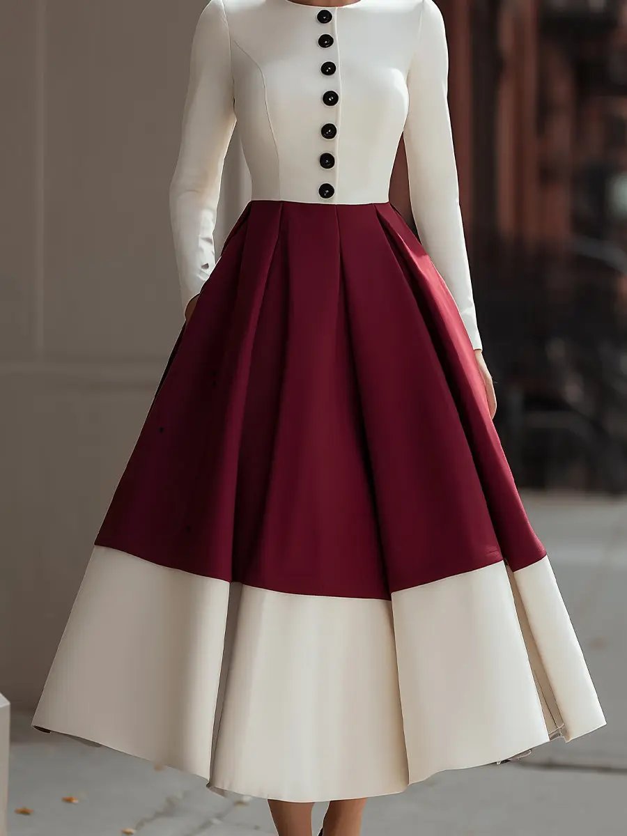 Ivory & Burgundy Colorblock Button-Front - Midi Dress CAAYWORLD