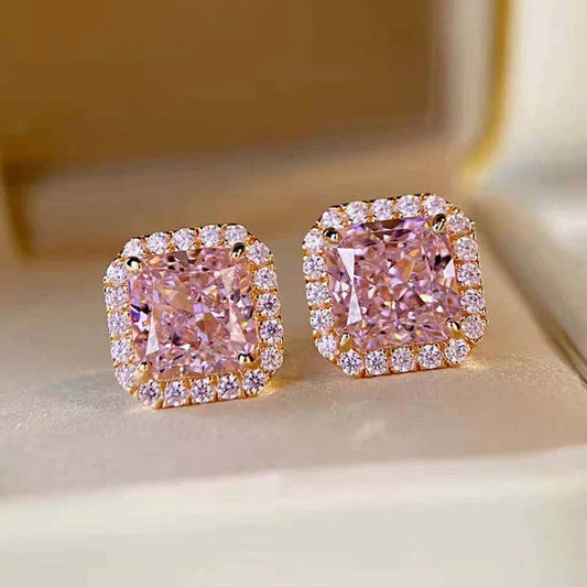 Pink Radiant Cut Rose Golden Plated Stud Earrings Shineofdiamond