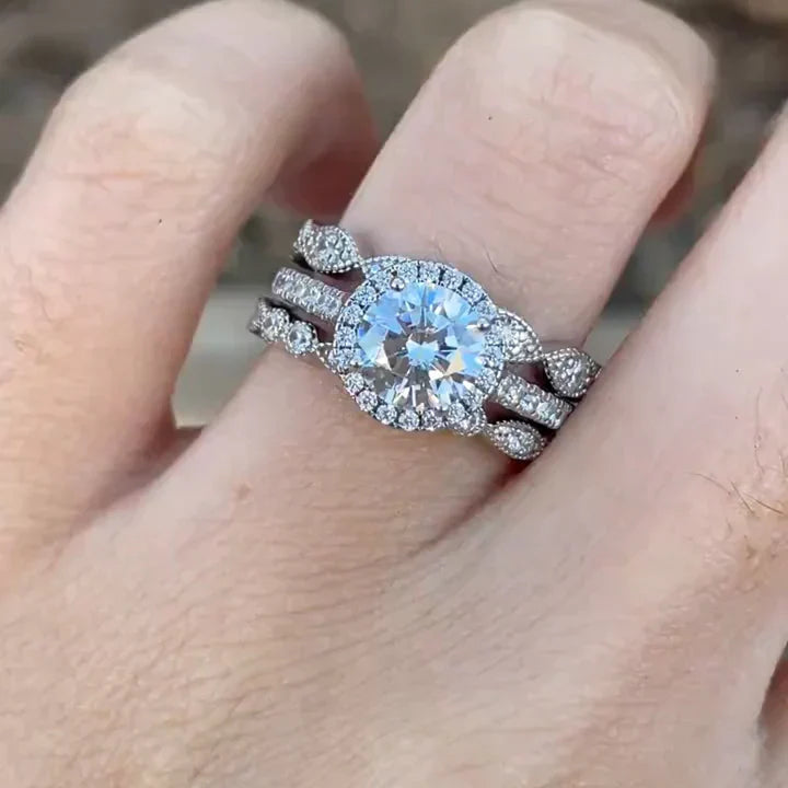 Exquisite 3-Piece Halo Round Cut Sterling Silver Bridal Sets- ONLY Size 7.0 Avaliable Juluro