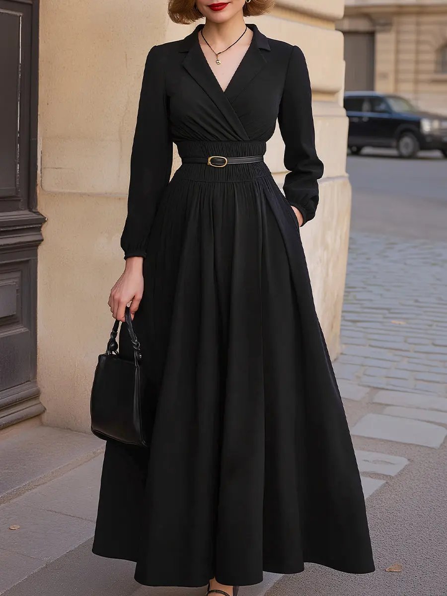 Long-Sleeve A-Line Belted Waist Flowy Maxi - Maxi Dress CASA LARO