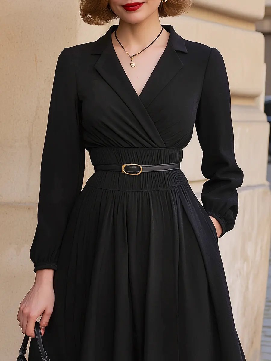 Long-Sleeve A-Line Belted Waist Flowy Maxi - Maxi Dress CASA LARO