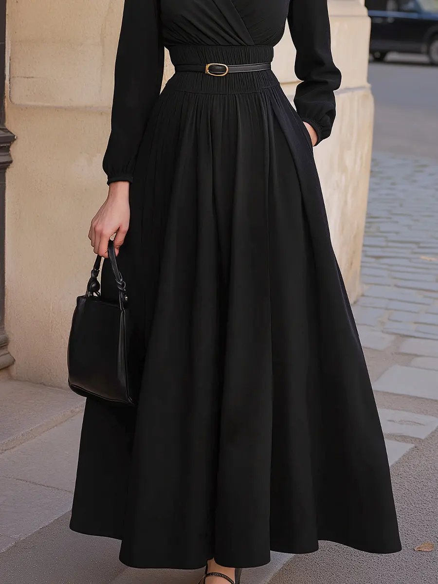 Long-Sleeve A-Line Belted Waist Flowy Maxi - Maxi Dress CASA LARO
