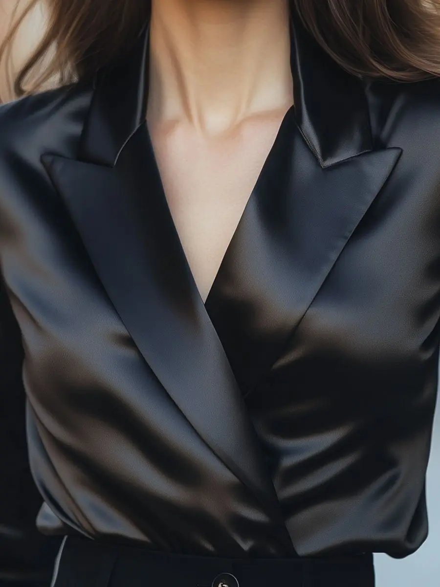 Lustrous Black Satin Tailored Lapel - Blouse CASA LARO