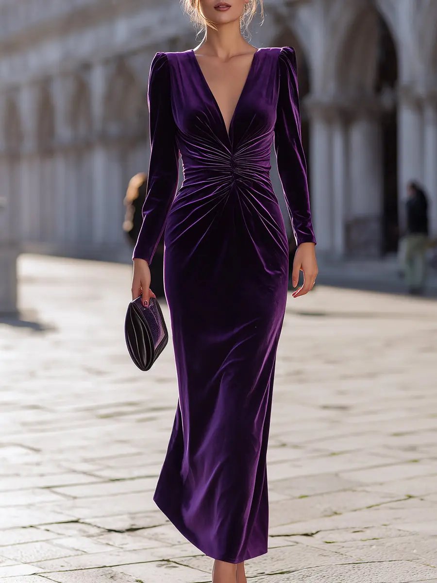 Luxe Purple Velvet Draped Evening Style - Maxi Dress CASA LARO