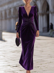 Luxe Purple Velvet Draped Evening Style - Maxi Dress CASA LARO