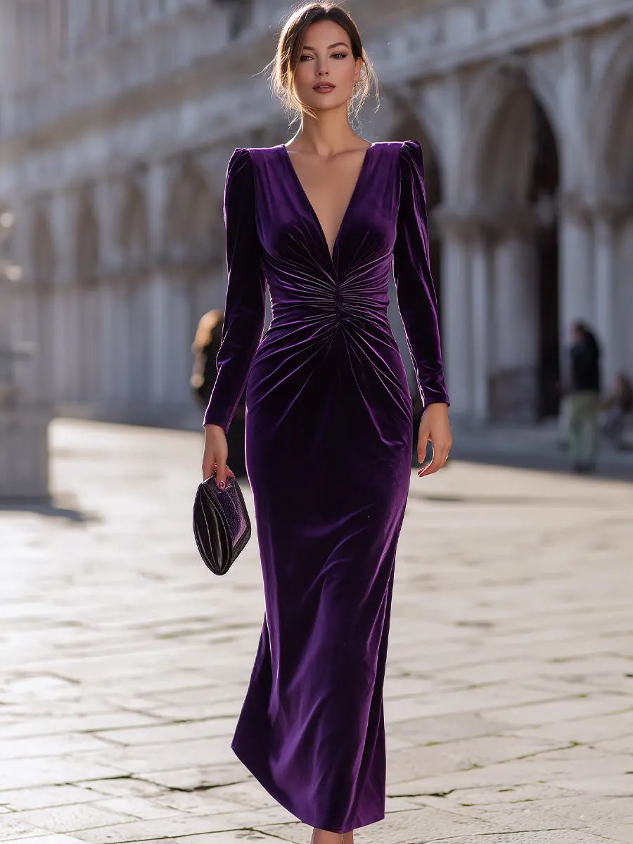 Luxe Purple Velvet Draped Evening Style - Maxi Dress CASA LARO