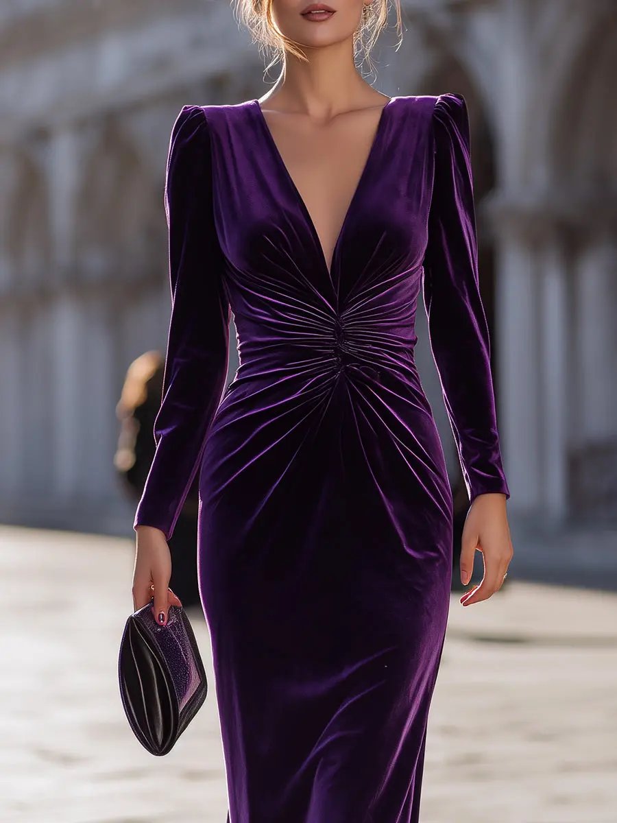 Luxe Purple Velvet Draped Evening Style - Maxi Dress CASA LARO