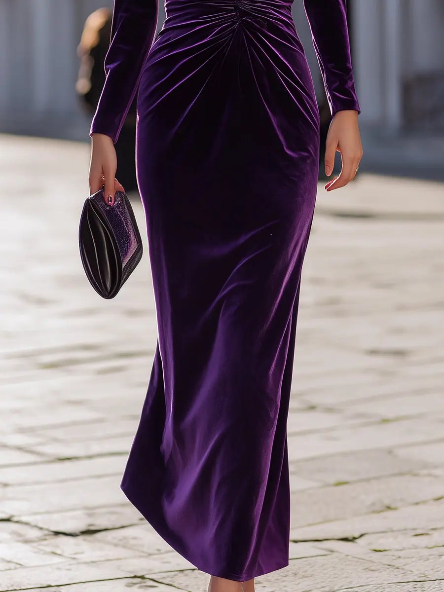 Luxe Purple Velvet Draped Evening Style - Maxi Dress CASA LARO