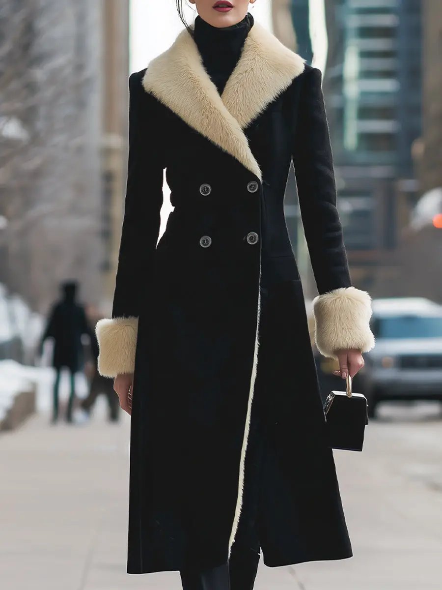 Luxurious Black Coat With Cream Faux Fur Trim - Winter Coat CASA LARO