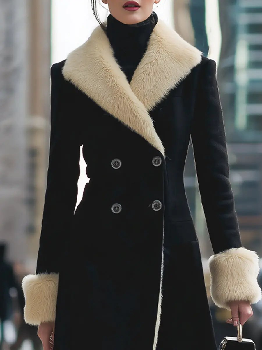 Luxurious Black Coat With Cream Faux Fur Trim - Winter Coat CASA LARO