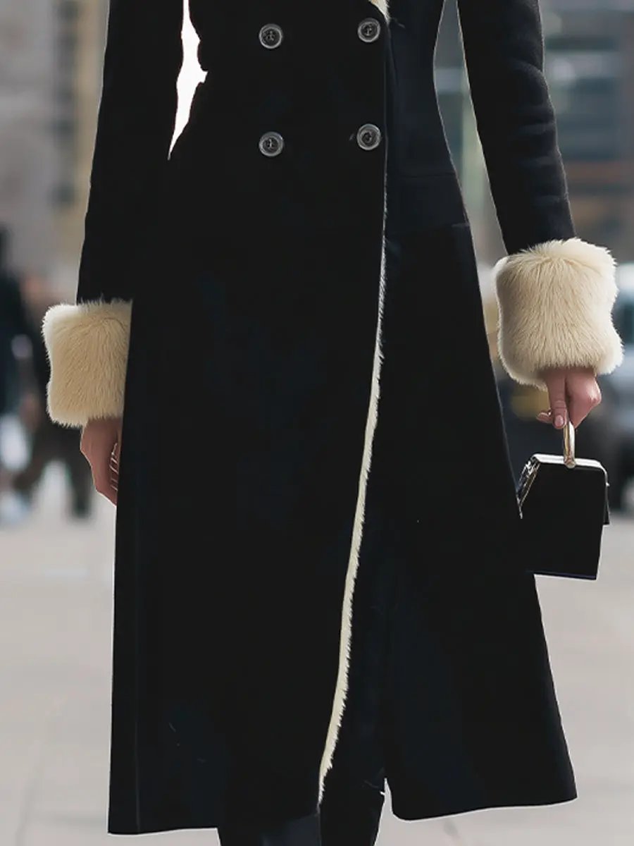 Luxurious Black Coat With Cream Faux Fur Trim - Winter Coat CASA LARO