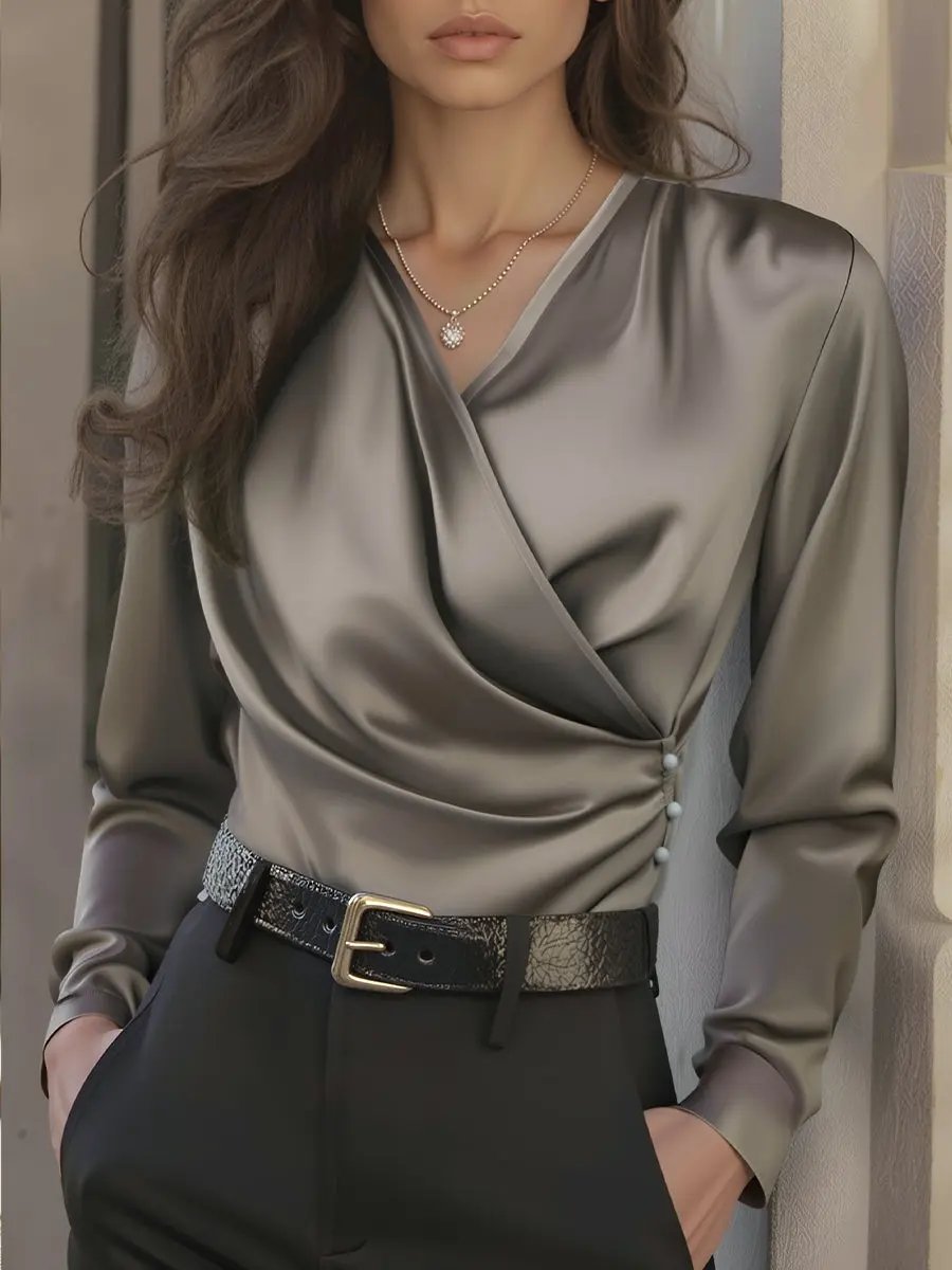 Luxurious Brown Satin Lace-Up V-Neck Tailored Fit - Satin Blouse CASA LARO