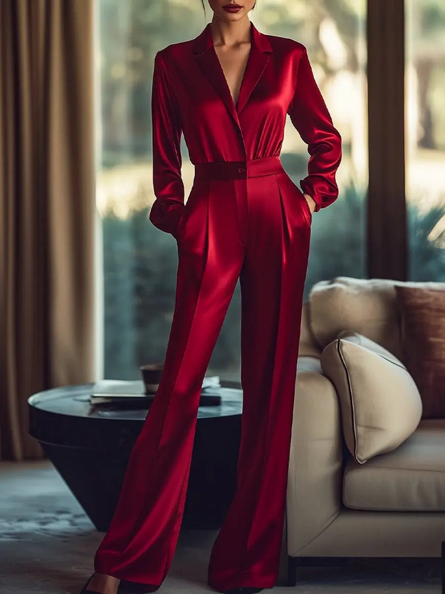 Luxurious Red Satin Buttoned-Waist - Jumpsuit CASA LARO