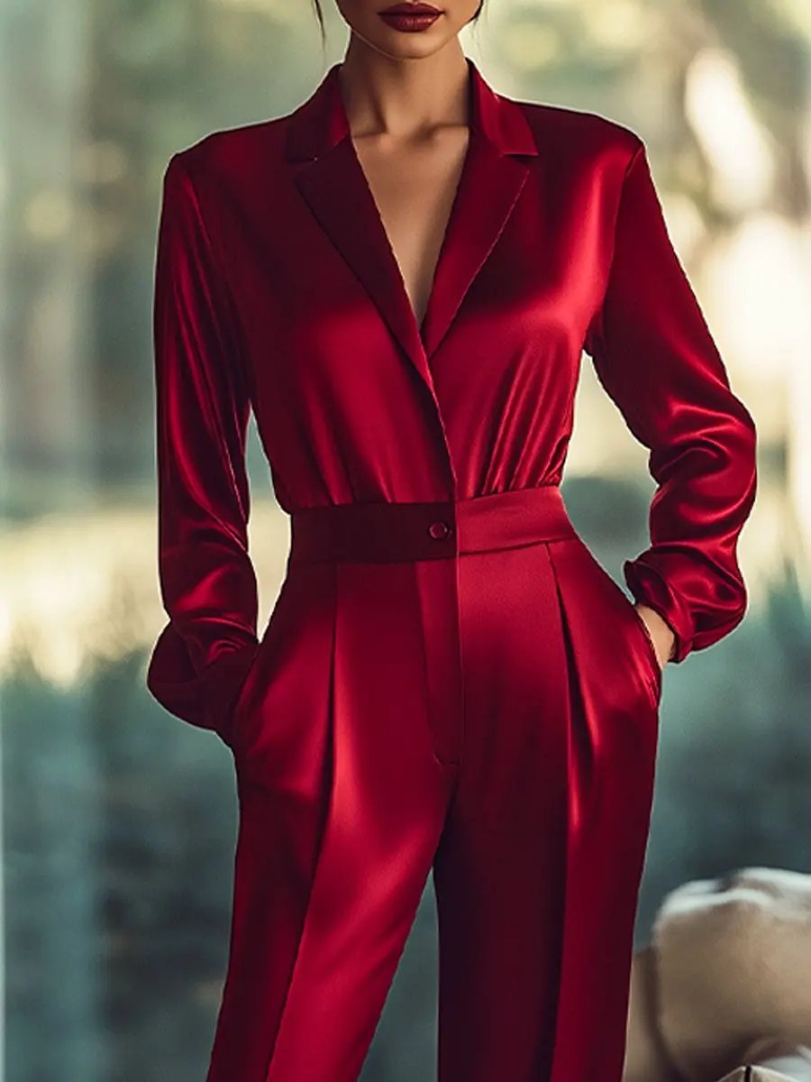 Luxurious Red Satin Buttoned-Waist - Jumpsuit CASA LARO