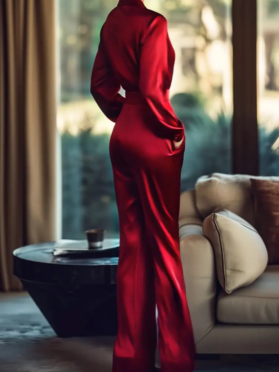 Luxurious Red Satin Buttoned-Waist - Jumpsuit CASA LARO