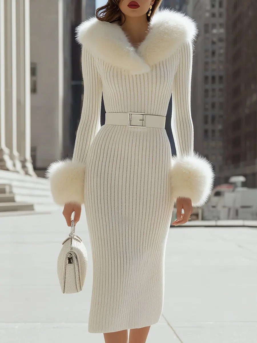 Luxurious White Faux Fur-Trim Ribbed Knit - Midi Dress CASA LARO
