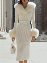 Luxurious White Faux Fur-Trim Ribbed Knit - Midi Dress CASA LARO