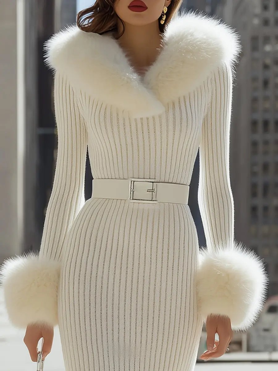 Luxurious White Faux Fur-Trim Ribbed Knit - Midi Dress CASA LARO