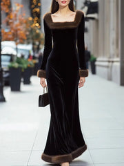 Luxury Black Velvet Evening Gown with Faux Fur Trim - Maxi Dress CASA LARO