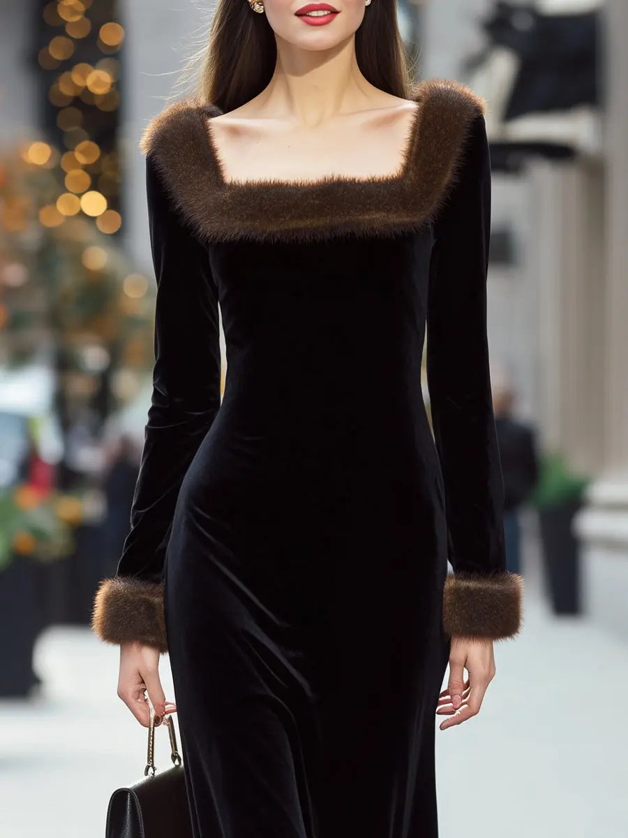 Luxury Black Velvet Evening Gown with Faux Fur Trim - Maxi Dress CASA LARO