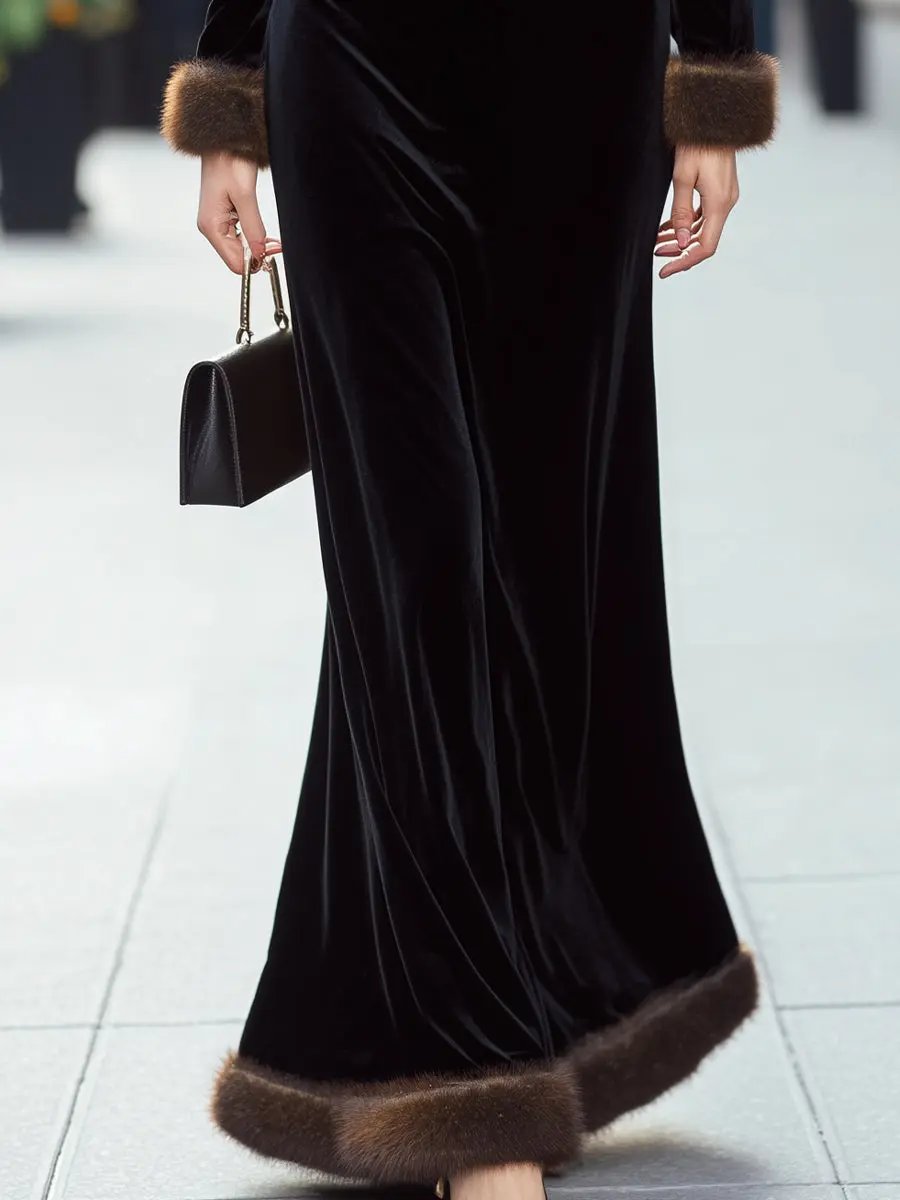 Luxury Black Velvet Evening Gown with Faux Fur Trim - Maxi Dress CASA LARO