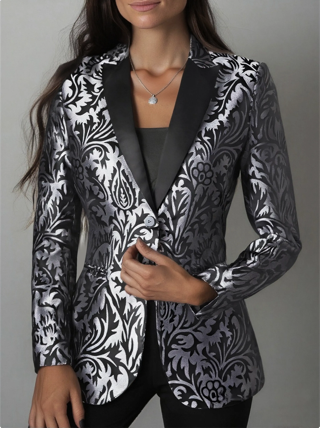 Luxury Black & Silver Floral Jacquard Tailored Blazer - Blazer CASA LARO