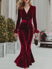 Luxury Wine Red Velvet Wrap Mermaid - Maxi Dress CASA LARO