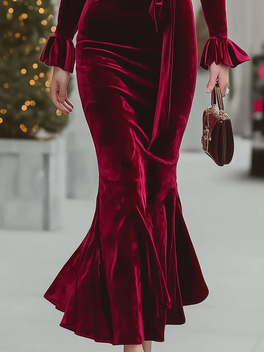 Luxury Wine Red Velvet Wrap Mermaid - Maxi Dress CASA LARO
