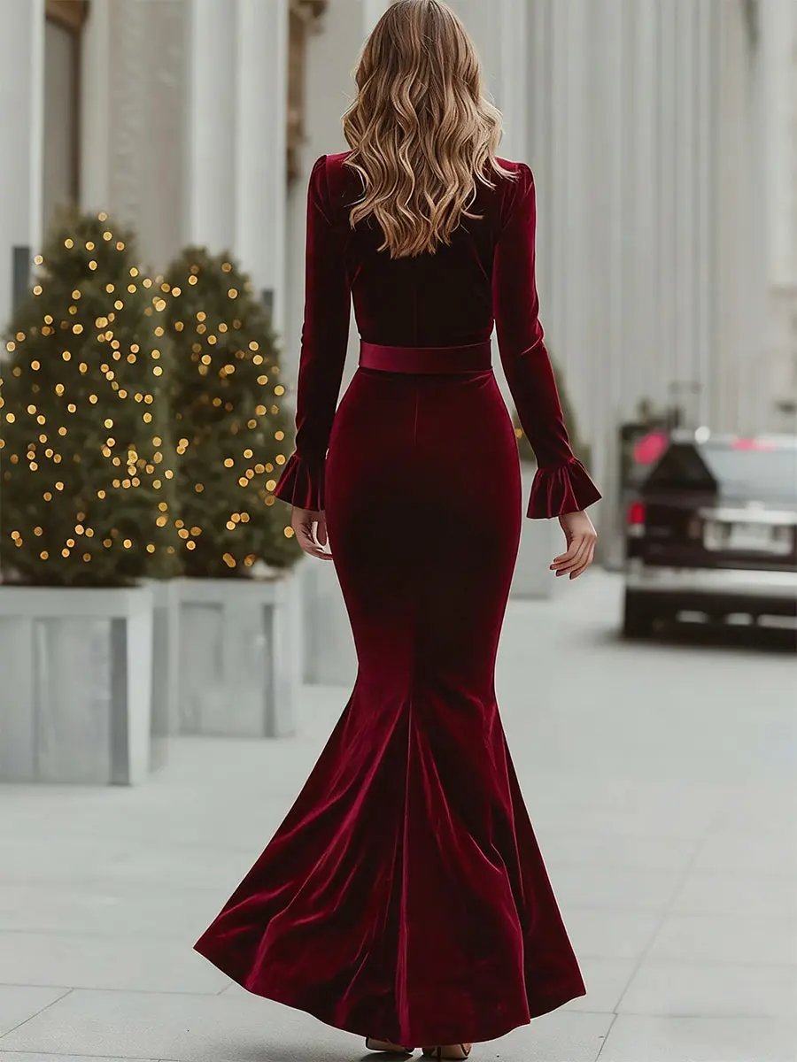 Luxury Wine Red Velvet Wrap Mermaid - Maxi Dress CASA LARO