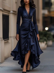 Midnight Blue Draped Satin Ruffle Trim - Maxi Dress CASA LARO