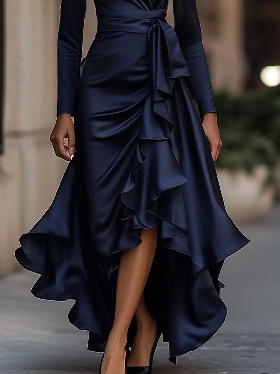Midnight Blue Draped Satin Ruffle Trim - Maxi Dress CASA LARO