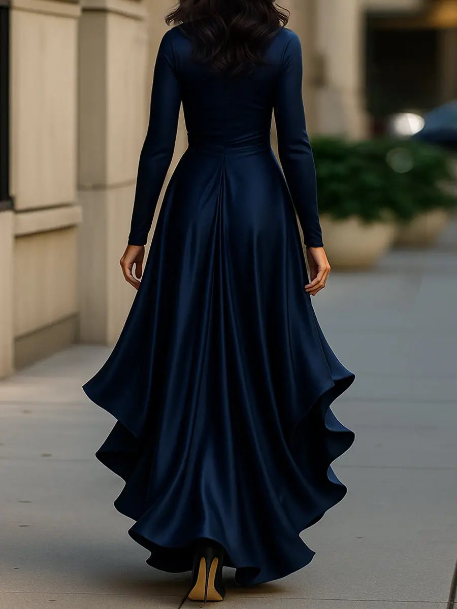 Midnight Blue Draped Satin Ruffle Trim - Maxi Dress CASA LARO