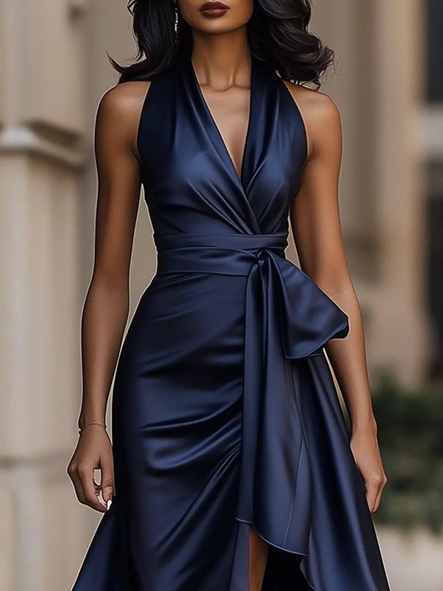 Midnight Satin Halter with Ruffle Detail - Maxi Dress CASA LARO